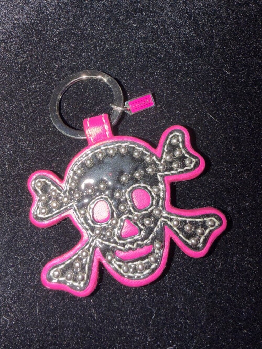 Coach Pink Skull & Crossbones Leather Keychain Bag Charm With Studded Detail & S